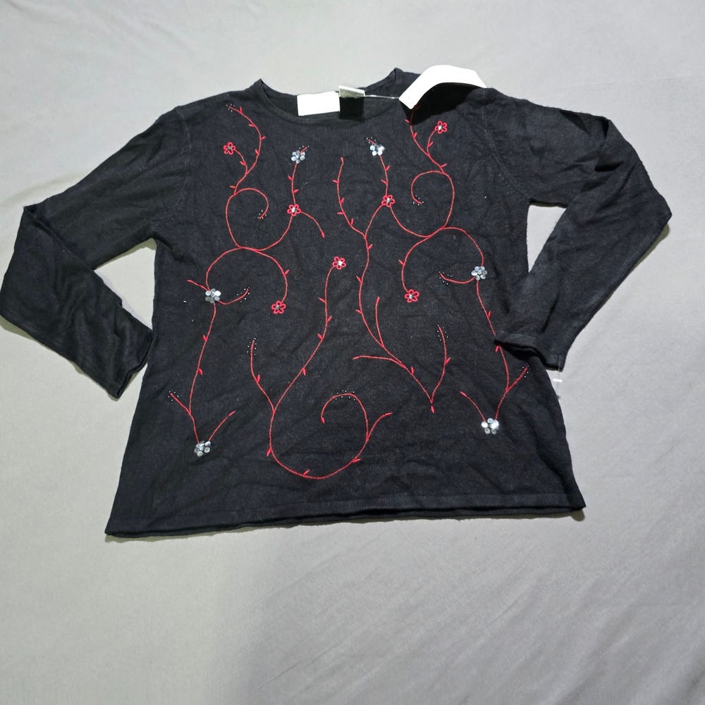 Cricket Lane‎ Collection Sweater Women Small Black Red Floral Sequin Embroidered